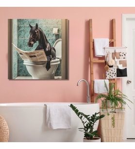 Tekli Kare Kanvas Banyo Tablosu Gazete Okuyan Siyah At