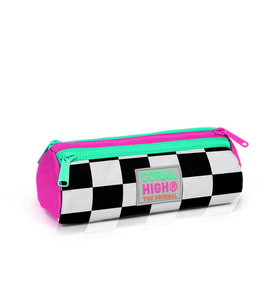 Coral High Kids  Neon Pembe Dama Desenli Üç Bölmeli Kalem Çantası 22001