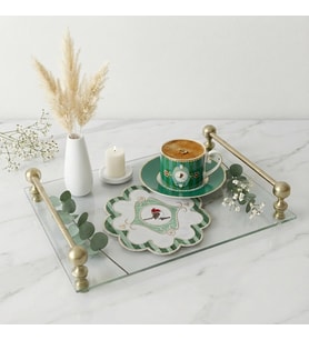2 Adet Yeşil Pip Studio Uyumlu Nakışlı Kuş Detaylı Kokteyl Sunum Peçetesi 15x15cm
