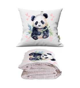 Cute Panda Sevimli Panda Baskılı Dekoratif Yastık Kırlent Opsiyonel Battaniye 2 in 1