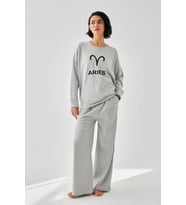 pilelistore- Kadın Gri Koç Burcu Oversize 2 İplik Eşofman Ev Giyim Takımı