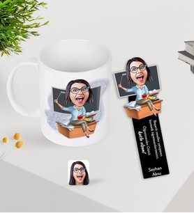BK Gift Kişiye Özel Kadın Öğretmen Karikatürlü Kupa Bardak ve Ahşap Kitap Ayracı-2