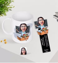 BK Gift Kişiye Özel Kadın Öğretmen Karikatürlü Kupa Bardak ve Ahşap Kitap Ayracı-2