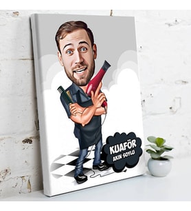 Erkek Kuaför İçin Karikatürlü Kanvas Tablo