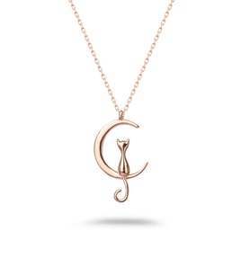 925 Ayar Gümüş Moon Cat Kolye (Altın)