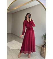Neşeli butik kadın uzun kollu kuşaklı maxi şifon elbise NM001 (Bordo)
