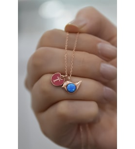 925 Ayar Gümüş Rose Kaplama Mineli T Harfli Opal Kuş Kolye