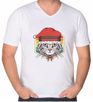 BK Gift Kedi Tasarımlı V Yaka Tişört-1 (Beyaz)