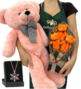 Premium Hediye Seti - Ametist Taşlı Lotus Kolye, 3'lü Ayıcık Buketi ve Pembe Peluş Ayıcık (Model 3)