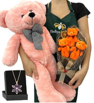 Premium Hediye Seti - Ametist Taşlı Lotus Kolye, 3'lü Ayıcık Buketi ve Pembe Peluş Ayıcık (Model 3)