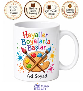 Çocuğa Hediye İsimli Ressam Temalı Kupa Bardak Özel Tasarım Porselen