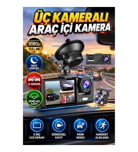 3 Kameralı 1080p Full HD Araç İçi Kamera – 5 İnç LCD Ekran, G-Sensör ve Gece Görüşü