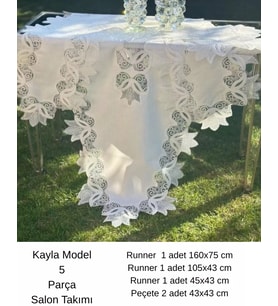Salon Takımı 5 Parça Keten Masa Örtüsü Runner Seti Çeyizlik Kayla Model No 2323 Krem-Krem