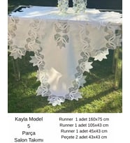 Salon Takımı 5 Parça Keten Masa Örtüsü Runner Seti Çeyizlik Kayla Model No 2323 Krem-Krem