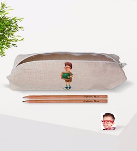 Çocuklara Özel Erkek İlkokul Öğrenci Karikatürlü Keten Okul Kalemliği ve İsimli Ahşap Kurşun Kalem Hediye Seti-2
