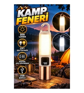 500 Lümen USB Şarjlı LED Kamp Feneri – Çift Işık Kaynaklı ve Dijital Güç Göstergeli