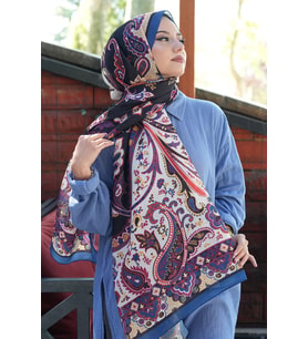 Damla Motif Desen İndigo Soft Pamuk Şal (Standart)