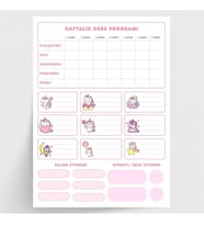 Figürlü isimlik, ders programı, kalem ve eşya sticker seti, pembe 10 sayfa