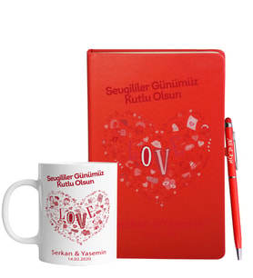 Sevgililer Gününe Özel Kırmızı Defter Kalem & Kupa Hediye Seti 11