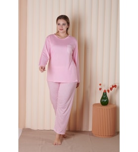 MyBen Büyük Beden Pembe Renkli Çizgili Çepli Uzun Kollu Battal Pijama Takımı B-1