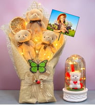 Size Özel Fotoğraflı Led Işıklı Peluş Ayıcık Buketi ve Led Işıklı Biblolu Fanus (Model 7)