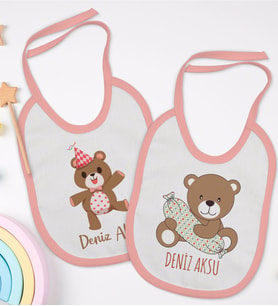 BK Kids Kişiye Özel Sevimli Ayı Tasarımlı 2’li Pembe Mama Önlüğü-1