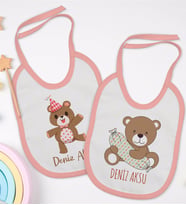BK Kids Kişiye Özel Sevimli Ayı Tasarımlı 2’li Pembe Mama Önlüğü-1