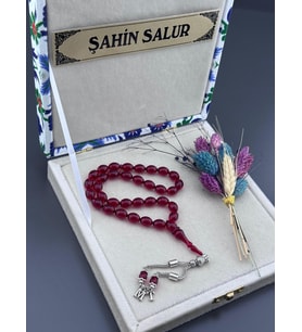 Kırmızı Ateş Kehribar Özel Kutulu Tesbih,Kişiye Özel Harf Püskül,Usta işi gümüş kaplama (Kırmızı-Sarı-Siyah-Beyaz)