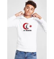 19 Mayıs Ata Beyaz Çocuk 3ip Kapşonlu Sweatshirt