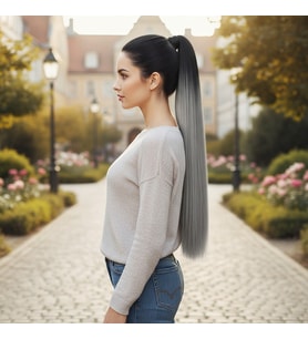 Lastik Tokalı At Kuyruğu Düz - Siyah / Gri Ombre