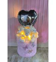Sevgiliye Hediye Romantik Işıklı Büyük Kalp Balonlu Deluxe Pembe Peluş Ayıcık Buketi – Özel Kutulu