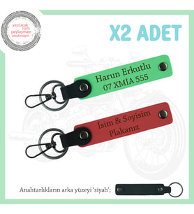 Motorculara Özel İkili Set, Kişiye Özel Plaka ve İsim Yazılı Deri Anahtarlık, Nar Çiçeği-F Yeşil-Syh