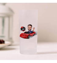 Kırmızı Spor Arabada Hız Yapan Erkek Karikatürlü Rakı Bardağı 2’li Set