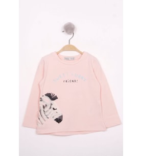 Toontoy Kız Çocuk Zebra Baskılı Nakışlı T-Shirt (Pudra)