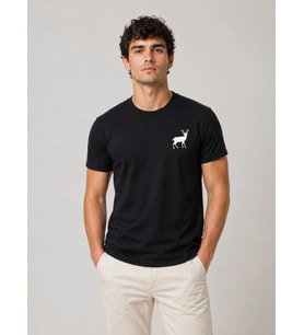 Erkek Minimal Geyik Logolu Tişört Bisiklet Yaka Kısa kol Yazlık T-Shirt - Siyah