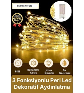 Dekoratif Aydınlatma Yeni Yıl Yılbaşı Pilli 3 Fonksiyonlu Günışığı Sarı Renk Peri Led Işık 5 Metre