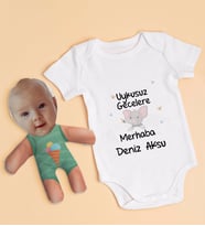 BK Kids Kişiye Özel Fotoğraflı Bebek Yastık ve Bebek Body Zıbın Hediye Seti - Model 54