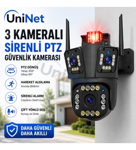 Uninet 5mp Üç Kameralı Wifi Ptz Güvenlik Kamerası – 355°/90° Dönebilen Kamera , Akıllı Takip, Dijital Zoom, Siren ve Ip Dış Mekân