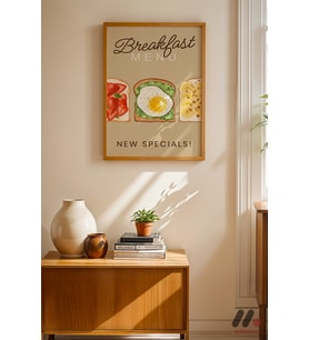 Breakfast Menu Posteri, Ahşap Çerçeveli Duvar Tablosu - Mutfak Dekorasyonu