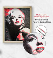 Gerçek Kalemle Çizilmiş Portre – Marilyn Monroe Portre - Siyah ve Kırmızı - Köşeli Çizgiler-30X40 CM (Ahşap)