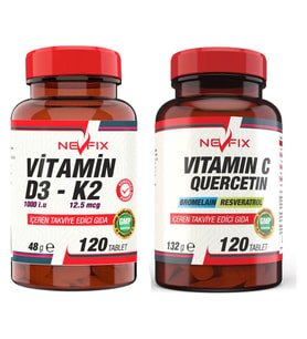 Nevfix Vitamin C Quercetin Bromelain 120 Tablet   Vitamin D3-K2 120 Tablet (Renksiz)