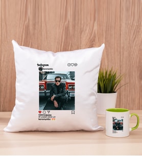 Kişiye Özel İnstagram Tasarım Fotoğraflı Kare Yastık ve Yeşil Kupa