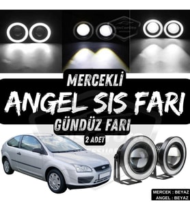 Ford Focus 2 2004-2008 Uyumlu Mercekli Angel Sis Farı Metal 76 mm Beyaz Halkalı Gündüz Farı 2 Adet