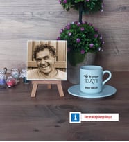 Dayıya Hediye Fotoğraflı Dekoratif Taş, Ahşap Altlıklı Türk Kahvesi Fincanı Hediye (Model 2)