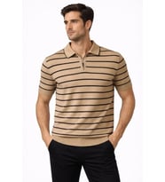 Erkek Triko Polo Yaka Fermuarlı Çizgili Tişört T-Shirt Yazlık Şık - Kahverengi