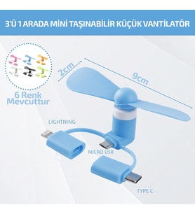 Mini Telefon Fanı - Lightning - Type-C - Micro USB Girişli - Sessiz