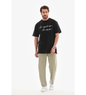 Unisex Bisiklet Yaka Baskılı Oversize T-Shirt - Siyah