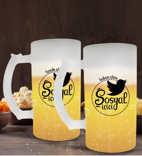BK Gift Kişiye Özel Sosyal İçici Tasarımlı 2’li Buzlu Cam Bira Bardağı 50cl-1 (Beyaz)