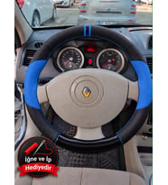 Renault Scenic 2 Dikme Direksiyon Kılıfı Delikli Deri Parlak Siyah Mavi Detay Çift Yüzük ve Dikiş 2003-2009