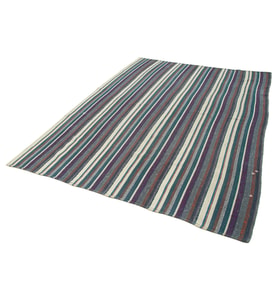 Krem Kilim Mor Detaylı Çizgili Desen El Dokuma Dokulu Salon Kilimi Koridor Mutfak